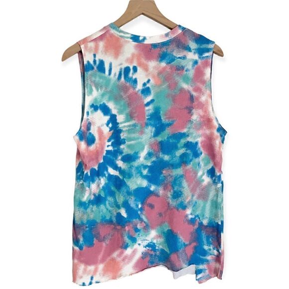 AC/DC Women’s V Neck Tie Dye Distressed Tank Top in Blue and Pink Size Small - Picture 2 of 6